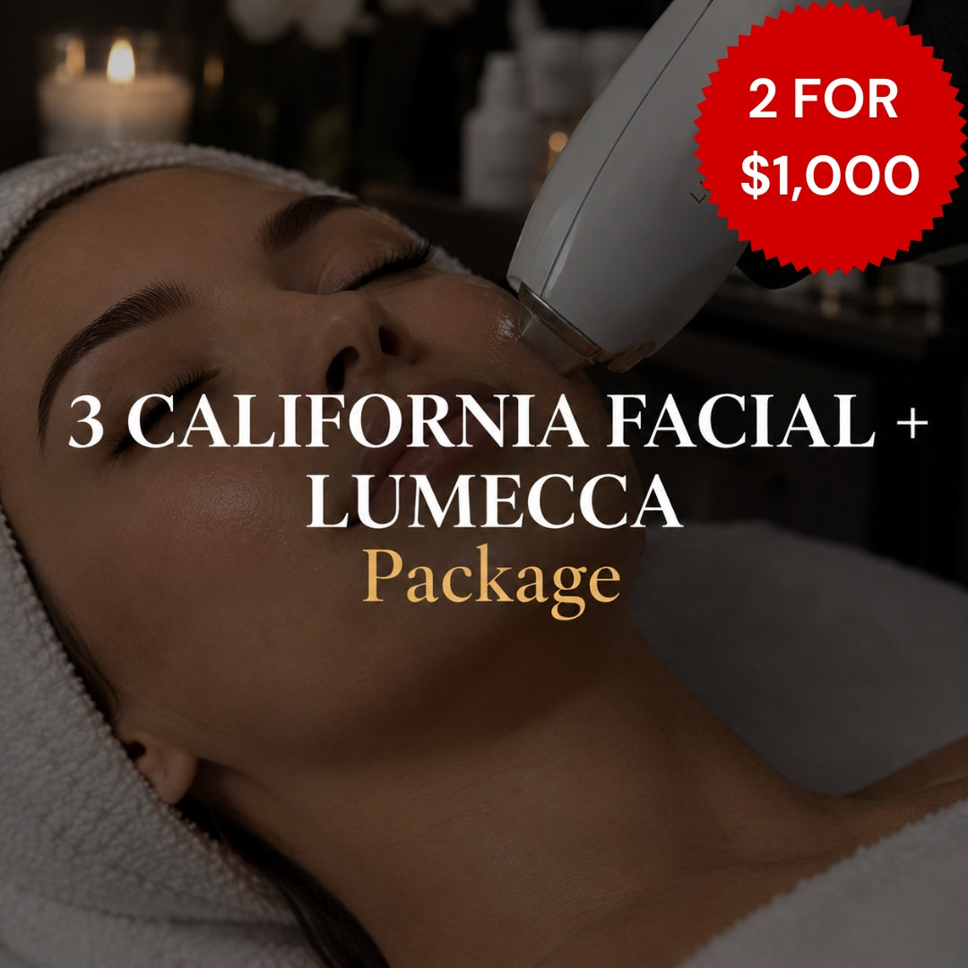 A woman lying down with a towel wrapped around her head while a facial treatment device is applied to her face. Large text reads '3 CALIFORNIA FACIAL + LUMECCA Package' and a red badge says '2 FOR $1,000'.