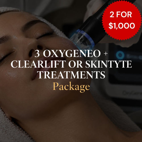 Close-up of a person lying down during a skincare treatment, with a handheld device touching the face. Large text reads '3 OXYGENEO + CLEARLIFT OR SKINTYTE TREATMENTS Package' and a red badge says '2 FOR $1,000'.
