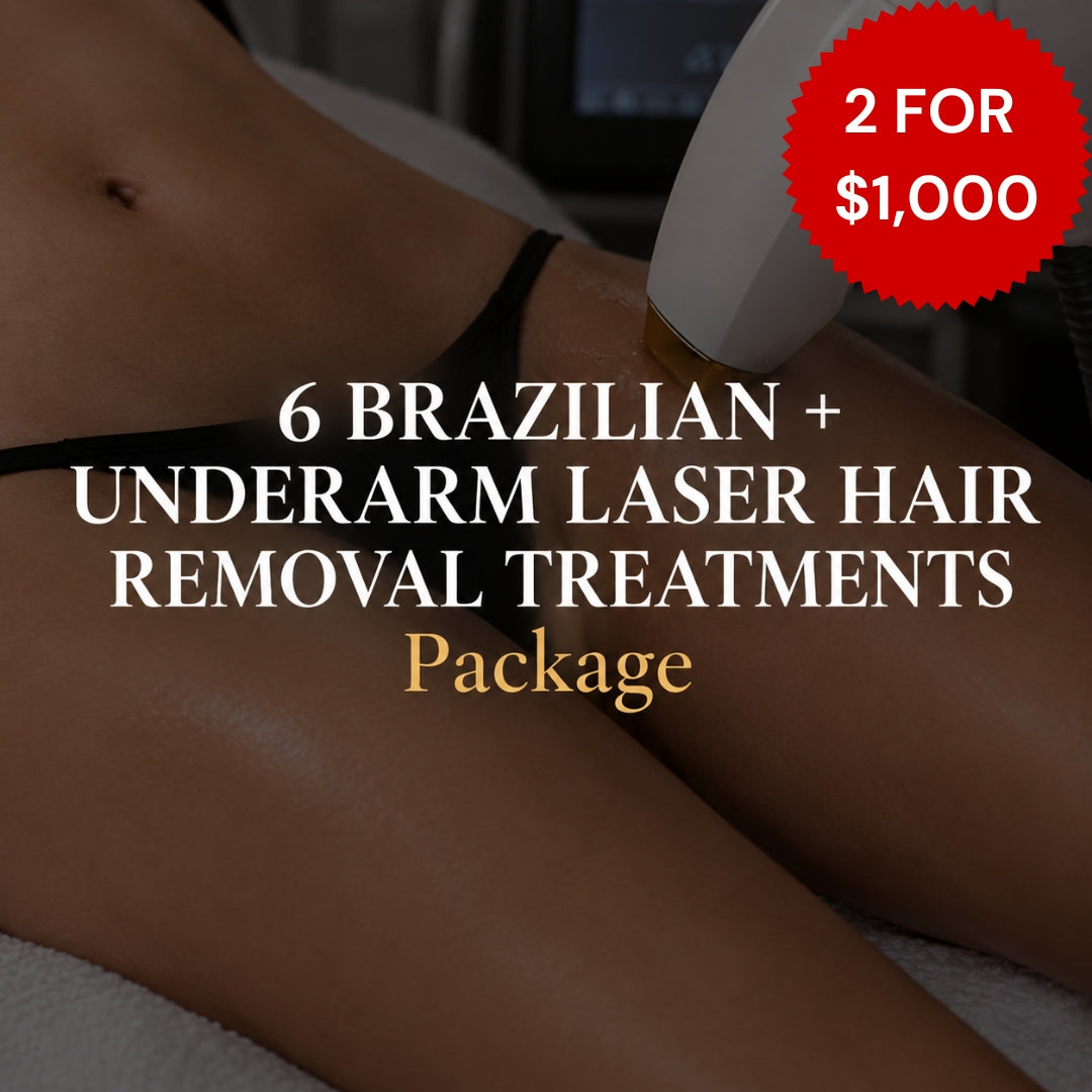 Promotional graphic for a laser hair removal package showing a close-up of a woman's underarm with a handheld device applied, overlaid with text reading '6 BRAZILIAN + UNDERARM LASER HAIR REMOVAL TREATMENTS Package' and a red badge that says '2 FOR $1,000'.