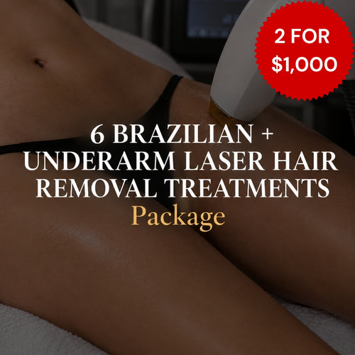 Promotional graphic for a laser hair removal package showing a close-up of a woman's underarm with a handheld device applied, overlaid with text reading '6 BRAZILIAN + UNDERARM LASER HAIR REMOVAL TREATMENTS Package' and a red badge that says '2 FOR $1,000'.