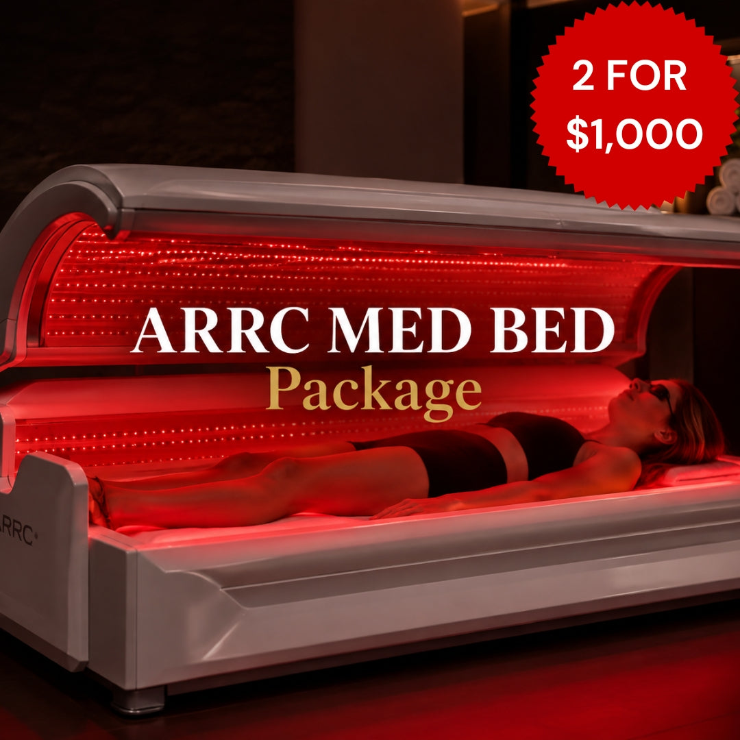A woman lies on an ARRC MED BED under a red light therapy treatment panel in a spa-like setting. Large text reads 'ARRC MED BED Package' and a red starburst says '2 FOR $1,000'.