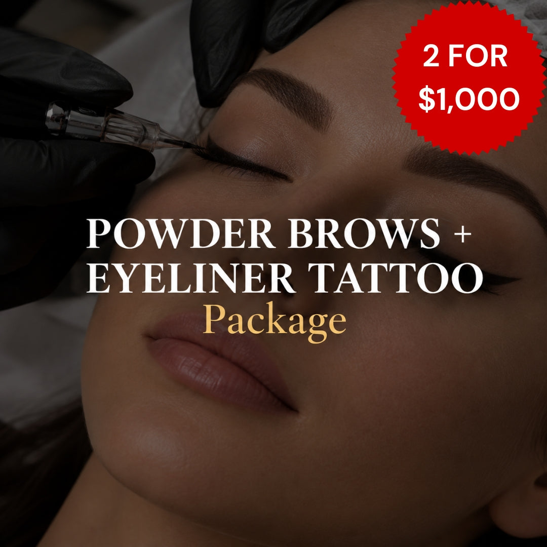 Close-up of a person receiving eyebrow and eyeliner tattooing, with black-gloved hands applying pigment. Large text reads 'POWDER BROWS + EYELINER TATTOO Package' and a red badge says '2 FOR $1,000'.